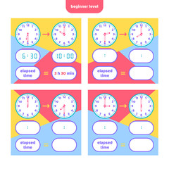 Elapsed time and Telling time worksheet for kids. Understanding analog and digital clocks. Educational Game Set. Math game. Vector illustration.