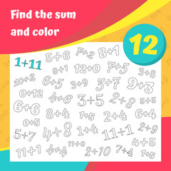 Find the sum and color addition worksheet set. Coloring book page. Math game. Addition, writing and search skills educational exercise. Vector illustration.