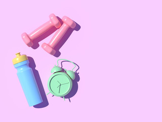 Creative layout made of colorful Sport tools on pink pastel background. Concept flat lay sport. Minimal fitness idea. 3d illustration
