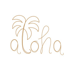 Obraz premium Aloha one line lettering. Summer party vector greeting card design element. Ink, pen calligraphy. Hand drawn lettering. Modern postcard clipart. Invitation. Party, event celebration