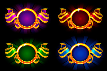 Empty circle frame with ribbon in different colors. Vector awards for UI game resources. Objects on separate layers.