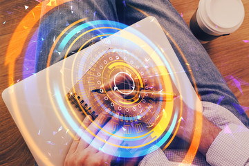 Fototapeta premium Close up of human hands background and abstract innovative technologies for industries. Multi exposure.
