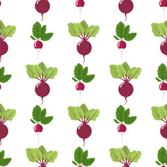 Seamless pattern with fresh radish and beet vegetables. Organic food. Cartoon style. Vector illustration for design, web, wrapping paper, fabric, wallpaper.
