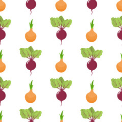 Seamless pattern with fresh onion and beet vegetables. Organic food. Cartoon style. Vector illustration for design, web, wrapping paper, fabric, wallpaper.