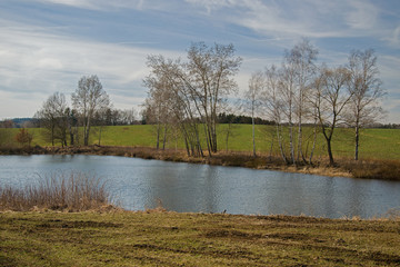 Fototapeta premium View over pond/lake Bachracek in spring. Blue water and sky, green field, threes.