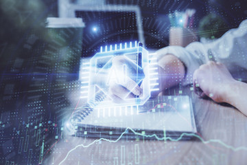 Multi exposure of writing hands on background with data solution hologram. Technology concept.