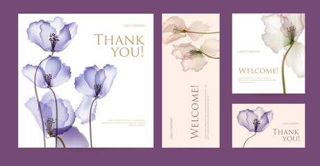 Zestaw pocztówek ze słowami wdzięczności. Zaprojektuj szablon wizytówek z abstrakcyjnymi wiosennymi kwiatami dla hotelu, salonu piękności, spa, restauracji, klubu. Ilustracji wektorowych - 268363533
