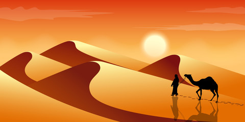 Man leads a camel through the desert. Exotic  landscape. Sands and dunes. Tourism and travelling. Vector flat design - obrazy, fototapety, plakaty