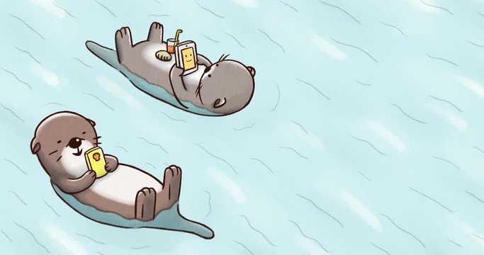 Two otters floating on water while checking phone. Infinite loop animation.