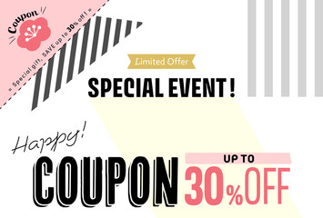 Stylish design pop, DM, banner for COUPON. "up to 30%off" and "Limited offer". English Ver.