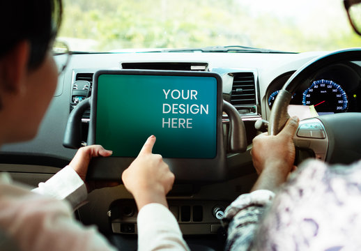 Couple Using Tablet Display Mockup in a Car