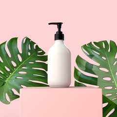 Blank white cosmetic bottle with a tropical leaf. 3D Render