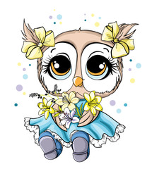 cute owl with a bouquet of flowers