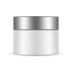 Cosmetic jar with metal cap mockup isolated on white background. Vector illustration