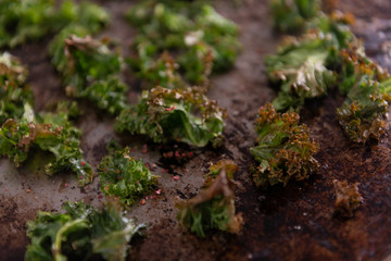 Organic Kale Being Baked on Stainless Steel Cookie Sheet