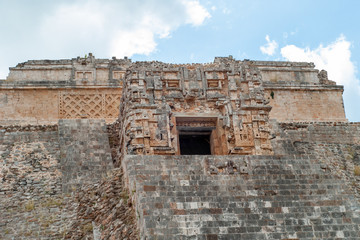 Details of the sculpted top of the Mayan pyramid, of the archaeological area of Ek Balam, on the Yucatan peninsula