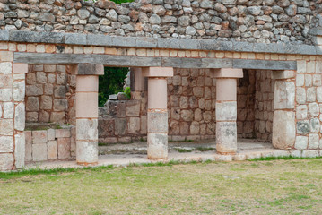 Row of Mayan architectural pillars, in the archaeological area of Ek Balam, on the Yucatan peninsula