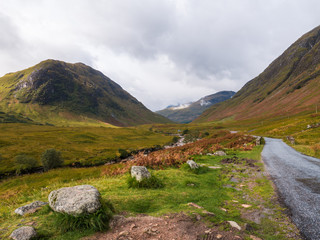 Wide view on Glen Etive and the River Etive in the Highlands of Scotland