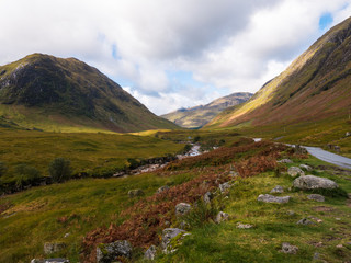 Wide view on Glen Etive and the River Etive in the Highlands of Scotland