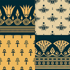 Set of four a seamless vector illustration of Egyptian national ornament with a lotus flower, scarab, ankh on the various background.