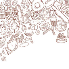 Bakery products background. Cookies, cakes, muffins. Vector sketch  illustration.