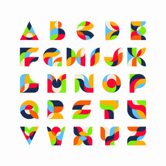 Geometrical bright colour latin font, graphical decorative type. 