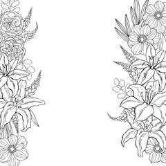 Floral wedding background  with hand drawn flowers,  leaves