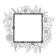 Floral wedding frame  with hand drawn flowers,  leaves