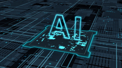 abstract circuit board with a central processing unit, data flow and text AI (3d render)