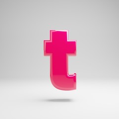 Obraz premium Glossy pink lowercase letter T isolated on white background.