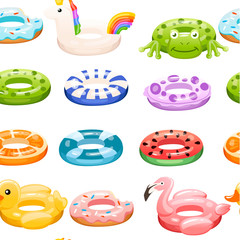 Seamless pattern. Swim rings set. Inflatable rubber toy. Swimming circles with different textures and shapes. Flat vector illustration on white background