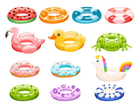 Swim rings set. Inflatable rubber toy. Swimming circles with different textures and shapes. Flat vector illustration isolated on white background