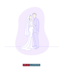 Continuous line drawing of bride and groom at wedding ceremony. Template for your design works. Vector illustration.