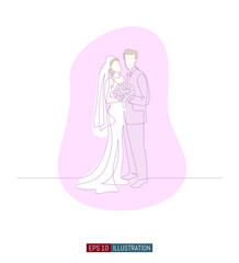 Continuous line drawing of bride and groom with bridal bouquet at wedding ceremony. Template for your design works. Vector illustration.