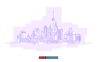 Naklejka premium Continuous line drawing of city skyline. Template for your design. Vector illustration.