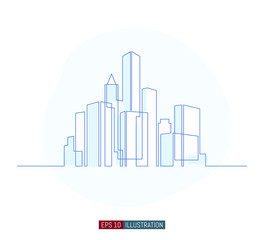 Continuous line drawing of city skyline. Template for your design. Vector illustration.