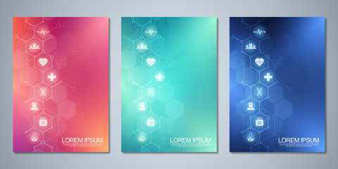Fototapeta na wymiar Template brochure or cover with medical icons and symbols. Healthcare, science and innovation technology concept.