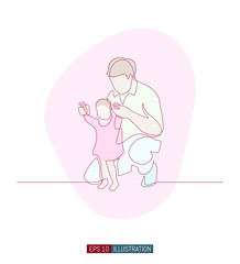 Continuous line drawing of father helps daughter to take her first step. Template for your design works. Vector illustration.