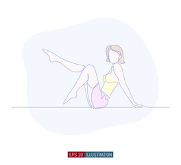 Continuous line drawing of girl sitting on the floor. Template for your design works. Vector illustration.