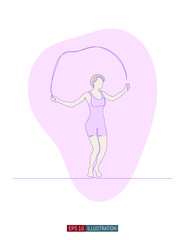 Continuous line drawing of girl jumping with skipping rope. Template for your design works. Vector illustration.