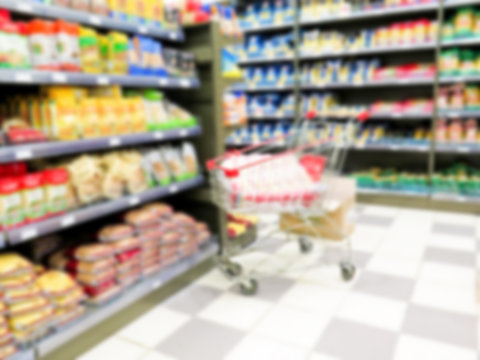 blurred image of supermarket store. background. hypermarket. shop with windows. buying footwear and food products