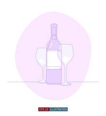 Continuous line drawing of wine bottle and glasses. Template for your design works. Vector illustration.
