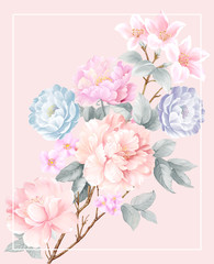 Watercolor illustration of a bouquet with a purple and delicate pink rose, leaves and bud, greeting card 