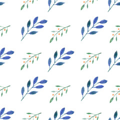 Seamless pattern with herbs. Watercolor blue and green twigs with leaves isolated on white background