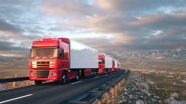 Front-view camera moves towards a convoy of semi trucks driving on a highway into the sunset. Realistic high quality 3d animation.