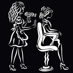 young girl hairdresser and client girl, black background