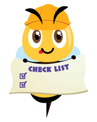 Cartoon cute bee wearing yellow safety cap and holding a checklist signage. Cute mascot hardworking happy bee. Flat design vector illustration isolated