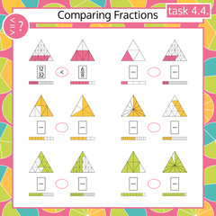 Fototapeta premium Comparing Fractions Mathematical Worksheet. Triangles. Math Puzzle. Educational Game. Vector illustration.