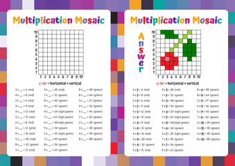 Multiplication Mosaic Math Puzzle Worksheet. Educational Game. Coloring Book Page Mathematical Game. Pixel Art. Vector illustration.