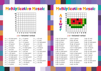 Multiplication Mosaic Math Puzzle Worksheet. Educational Game. Coloring Book Page Mathematical Game. Pixel Art. Vector illustration.